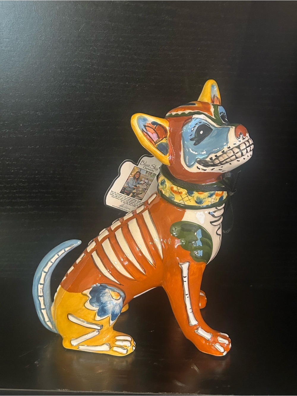 Blue Sky Orange Hand-Painted Folk Art Dog Figurine with Blue and Yellow Accents